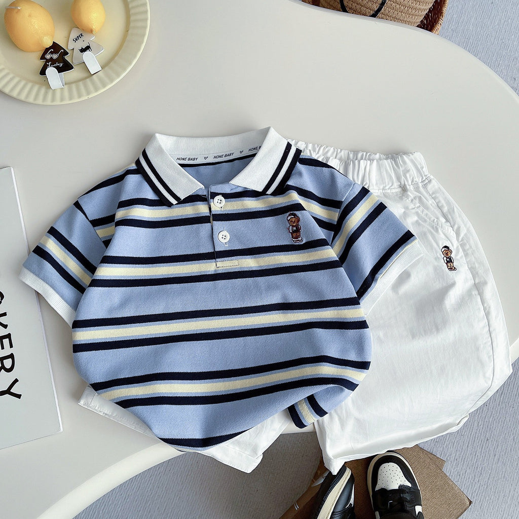 Kids Blue Striped Polo T-Shirt & White Shorts Set | Cute Bear Print Outfit for Boys