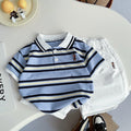 Kids Blue Striped Polo T-Shirt & White Shorts Set | Cute Bear Print Outfit for Boys