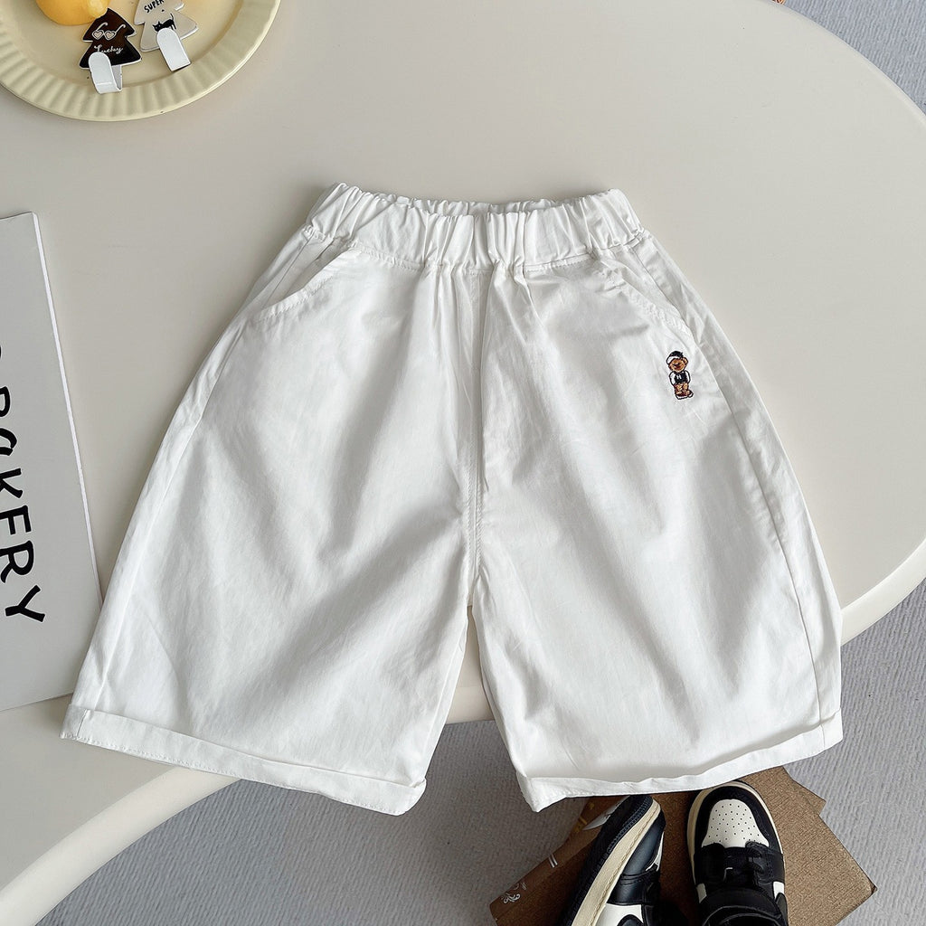 Kids Blue Striped Polo T-Shirt & White Shorts Set | Cute Bear Print Outfit for Boys