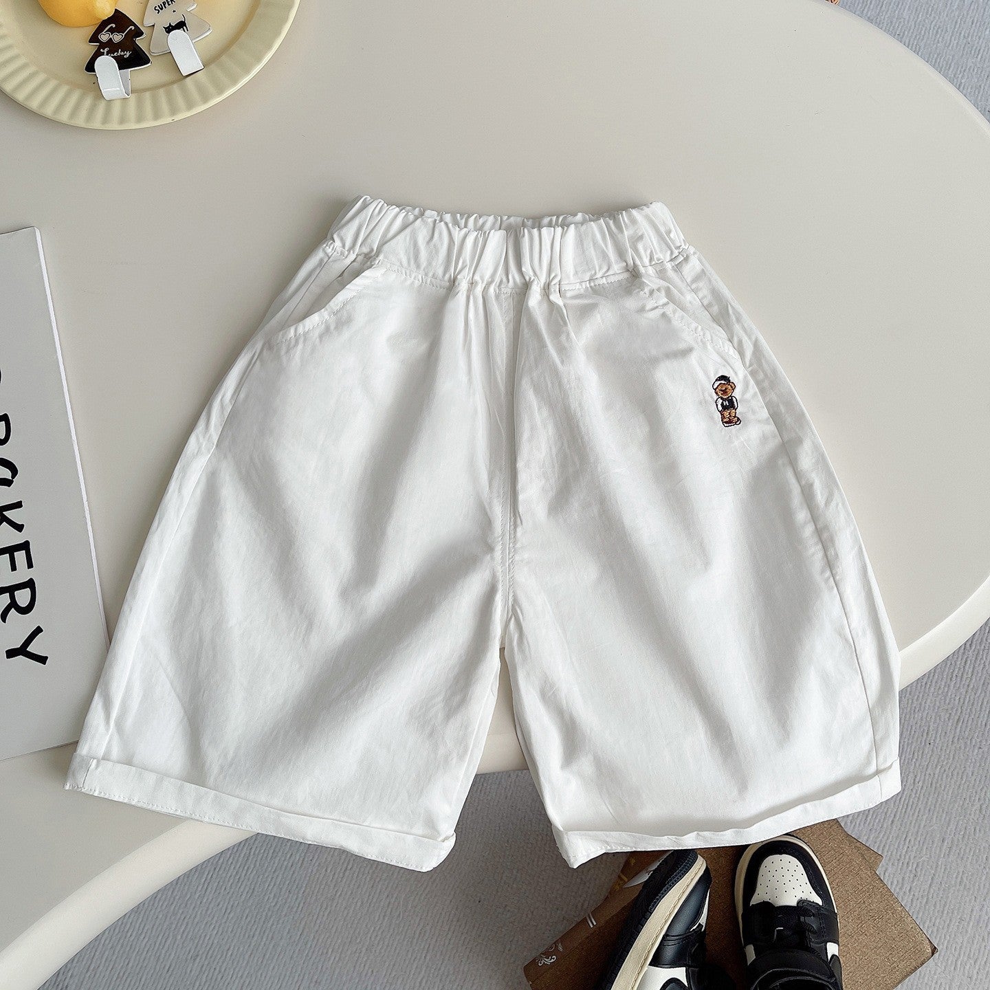 Kids Blue Striped Polo T-Shirt & White Shorts Set | Cute Bear Print Outfit for Boys