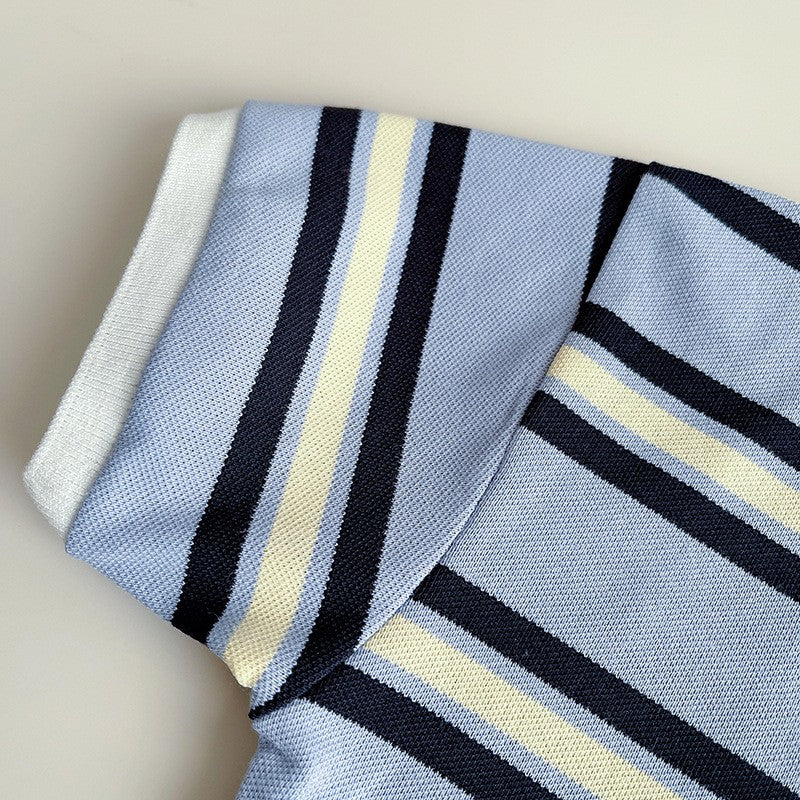 Kids Blue Striped Polo T-Shirt & White Shorts Set | Cute Bear Print Outfit for Boys