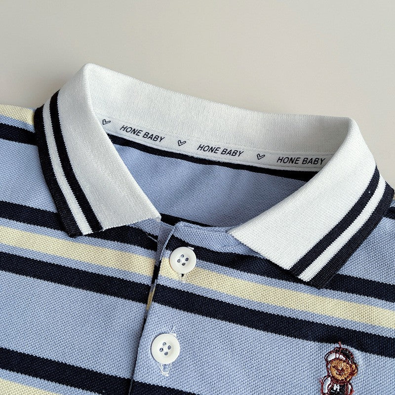 Kids Blue Striped Polo T-Shirt & White Shorts Set | Cute Bear Print Outfit for Boys