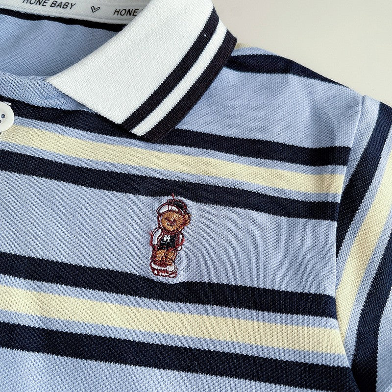 Kids Blue Striped Polo T-Shirt & White Shorts Set | Cute Bear Print Outfit for Boys