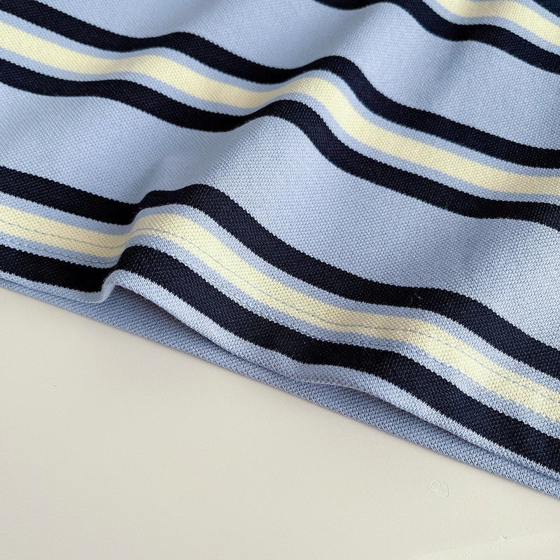 Kids Blue Striped Polo T-Shirt & White Shorts Set | Cute Bear Print Outfit for Boys