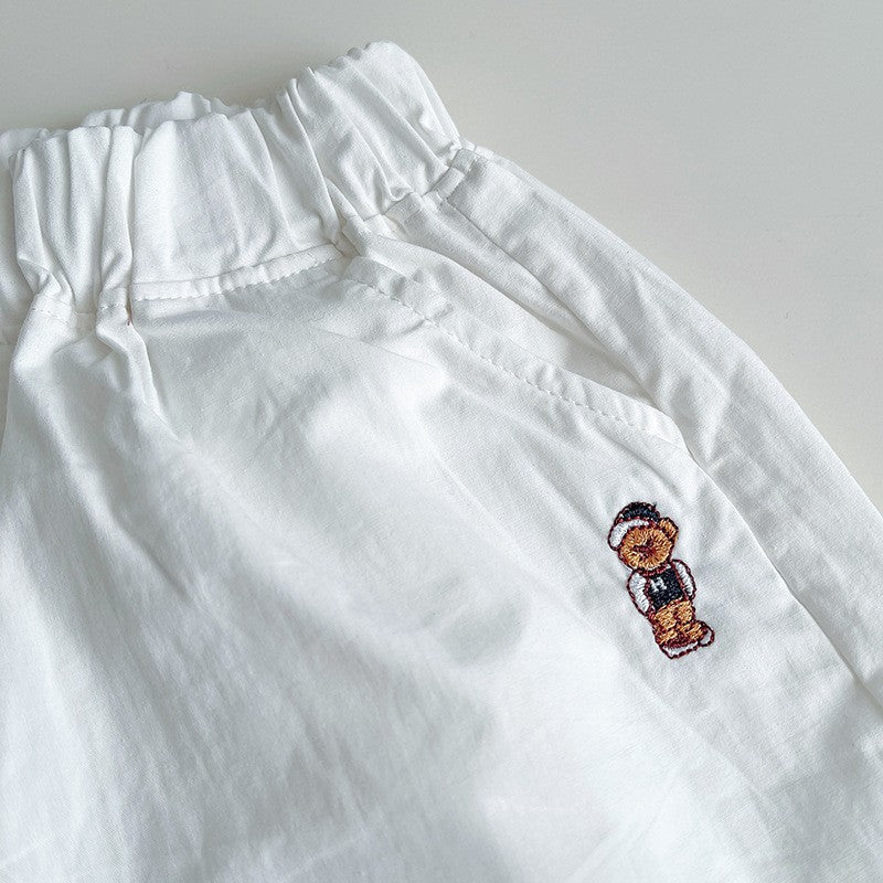 Kids Blue Striped Polo T-Shirt & White Shorts Set | Cute Bear Print Outfit for Boys