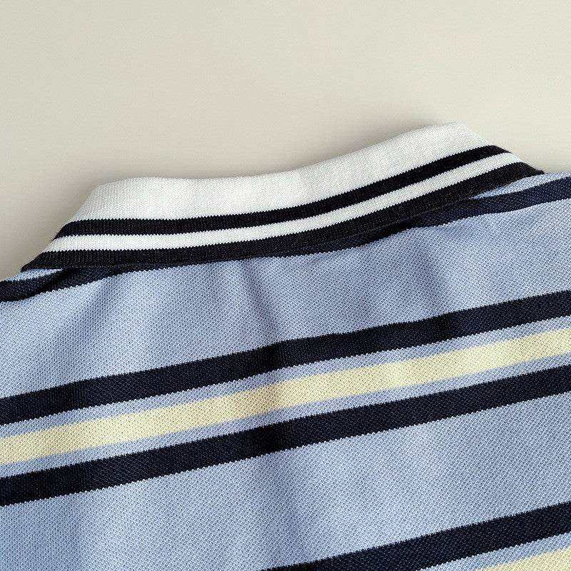 Kids Blue Striped Polo T-Shirt & White Shorts Set | Cute Bear Print Outfit for Boys