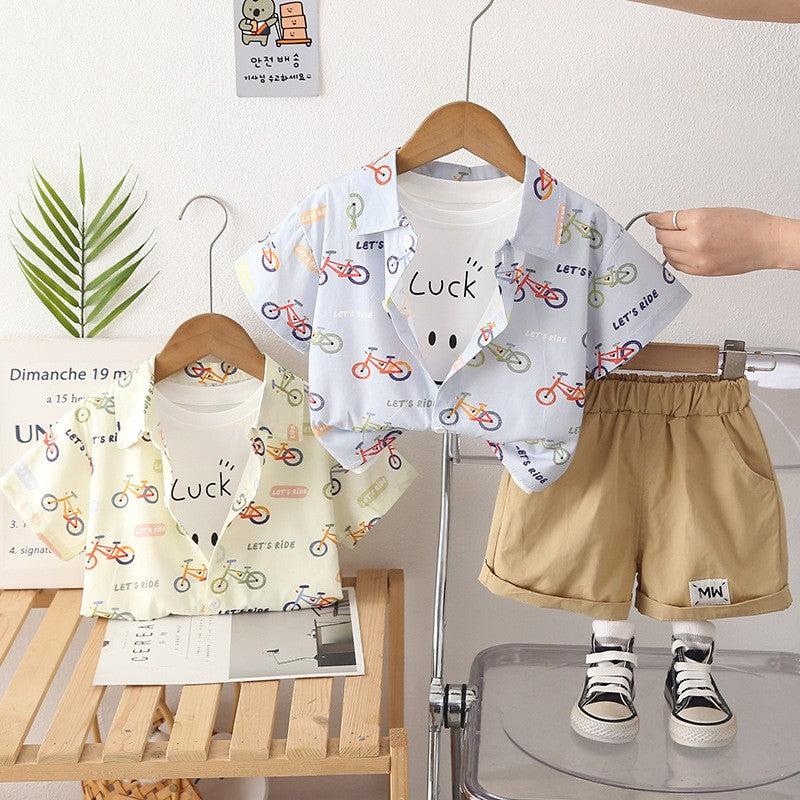 Kids White T-Shirt & Printed Shirt with Beige Shorts Set | Cute Bicycle Print Outfit for Boys