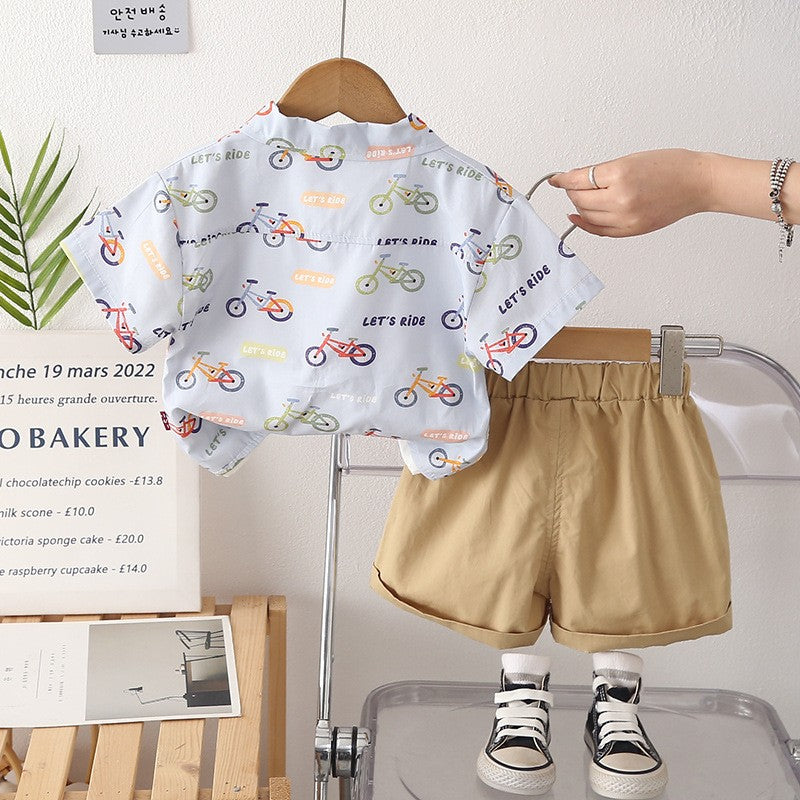 Kids White T-Shirt & Printed Shirt with Beige Shorts Set | Cute Bicycle Print Outfit for Boys