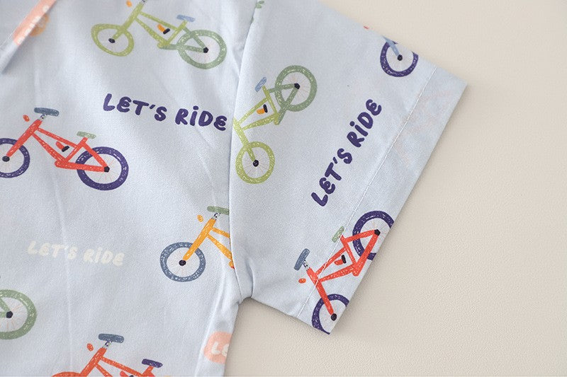 Kids White T-Shirt & Printed Shirt with Beige Shorts Set | Cute Bicycle Print Outfit for Boys