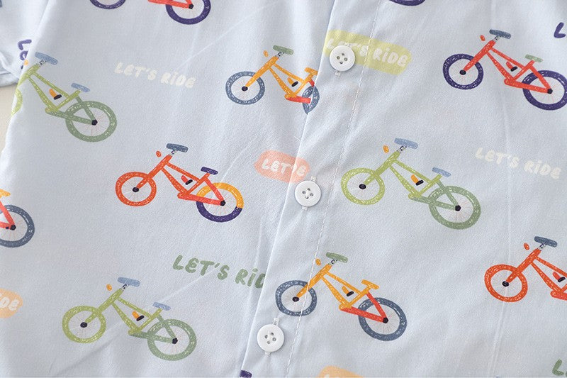 Kids White T-Shirt & Printed Shirt with Beige Shorts Set | Cute Bicycle Print Outfit for Boys
