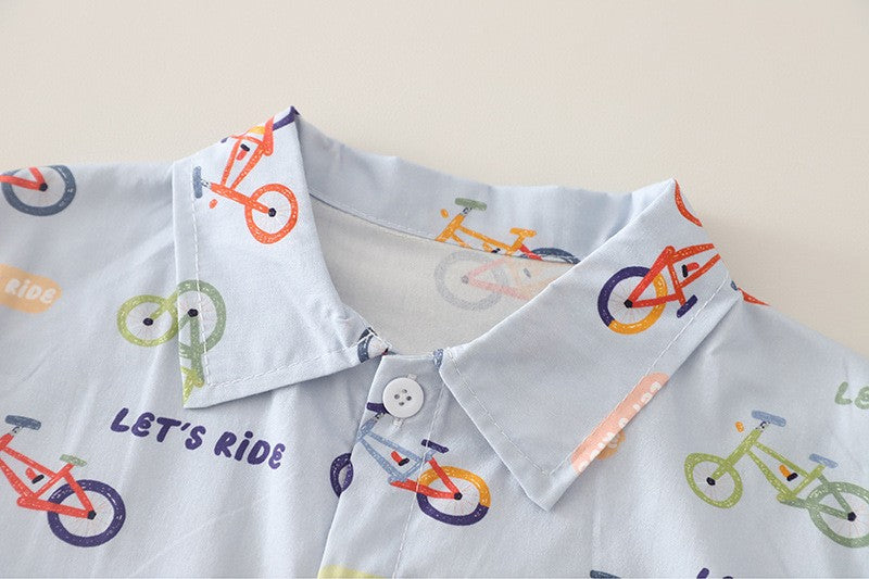 Kids White T-Shirt & Printed Shirt with Beige Shorts Set | Cute Bicycle Print Outfit for Boys