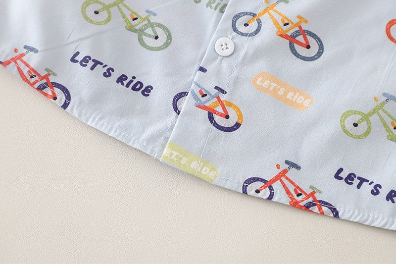 Kids White T-Shirt & Printed Shirt with Beige Shorts Set | Cute Bicycle Print Outfit for Boys