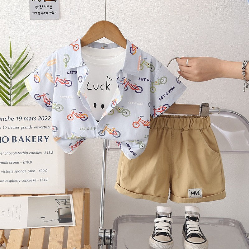Kids White T-Shirt & Printed Shirt with Beige Shorts Set | Cute Bicycle Print Outfit for Boys
