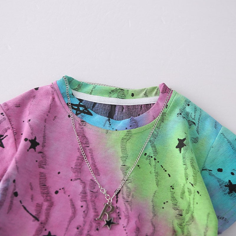 Kids Colorful Tie Dye T-Shirt & Blue Denim Shorts Set | Trendy Star Print Outfit for Boys