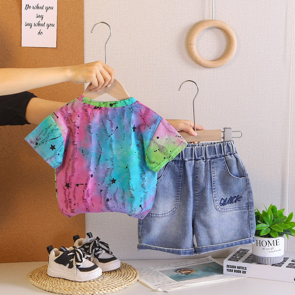 Kids Colorful Tie Dye T-Shirt & Blue Denim Shorts Set | Trendy Star Print Outfit for Boys