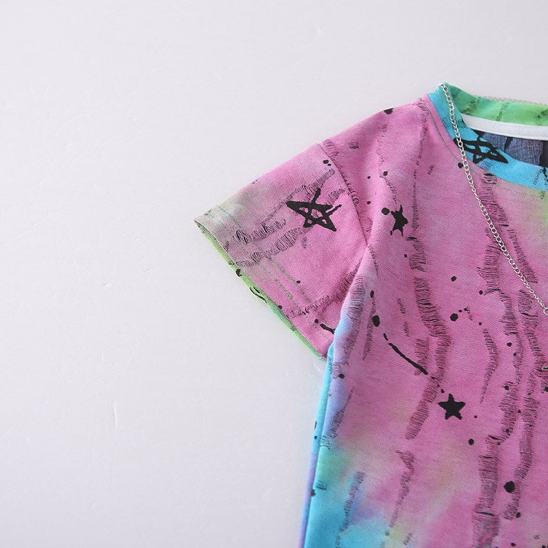 Kids Colorful Tie Dye T-Shirt & Blue Denim Shorts Set | Trendy Star Print Outfit for Boys