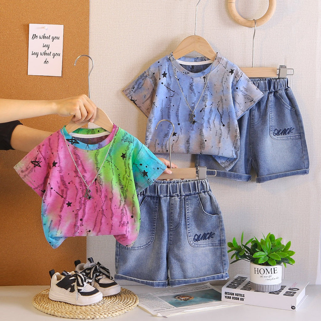 Kids Colorful Tie Dye T-Shirt & Blue Denim Shorts Set | Trendy Star Print Outfit for Boys