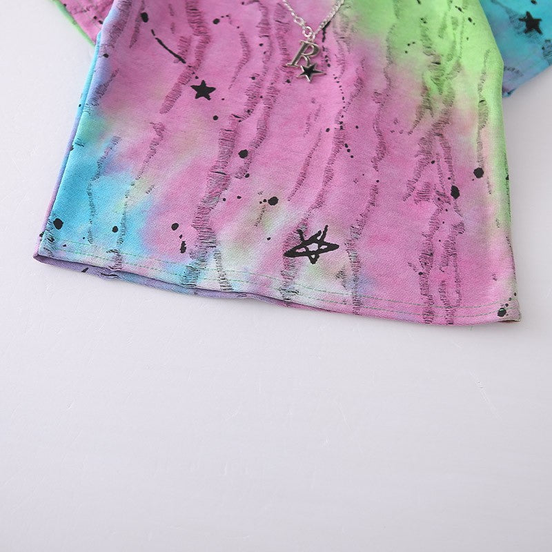 Kids Colorful Tie Dye T-Shirt & Blue Denim Shorts Set | Trendy Star Print Outfit for Boys