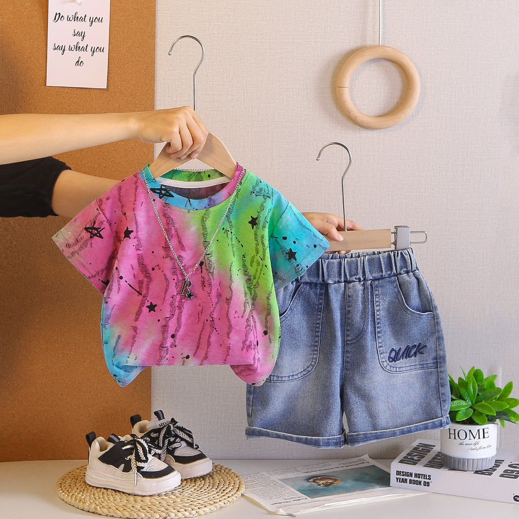 Kids Colorful Tie Dye T-Shirt & Blue Denim Shorts Set | Trendy Star Print Outfit for Boys