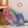 Kids Colorful Tie Dye T-Shirt & Blue Denim Shorts Set | Trendy Star Print Outfit for Boys