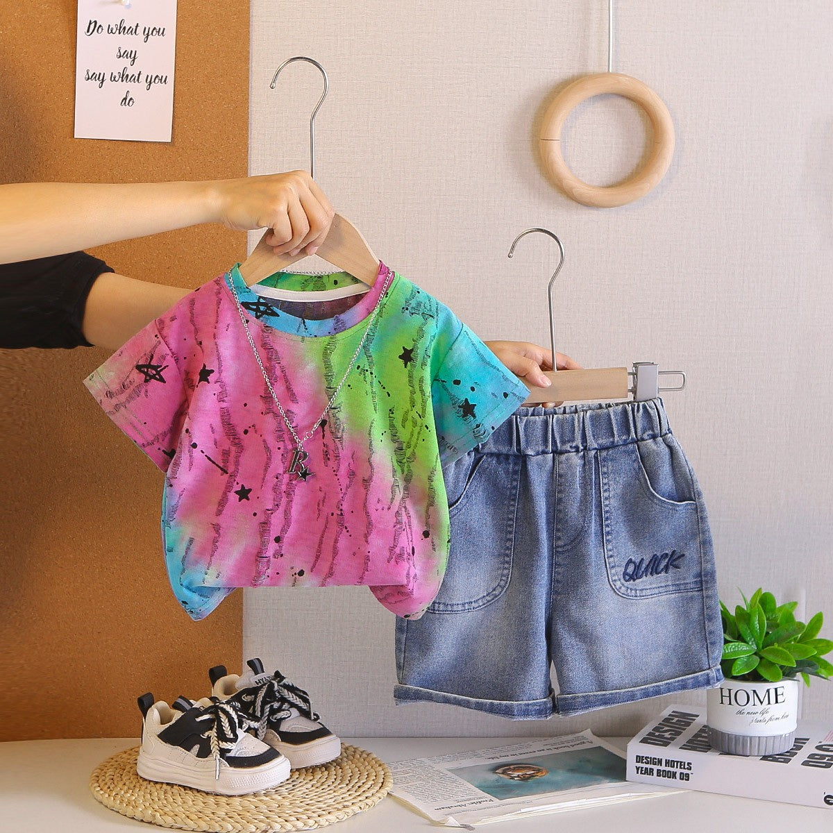 Kids Colorful Tie Dye T-Shirt & Blue Denim Shorts Set | Trendy Star Print Outfit for Boys