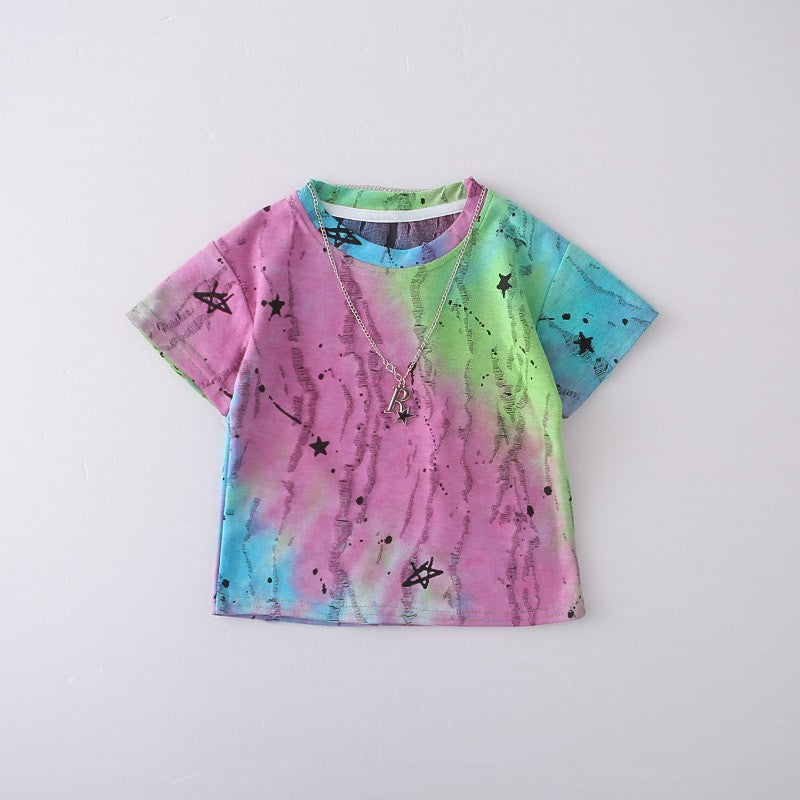 Kids Colorful Tie Dye T-Shirt & Blue Denim Shorts Set | Trendy Star Print Outfit for Boys