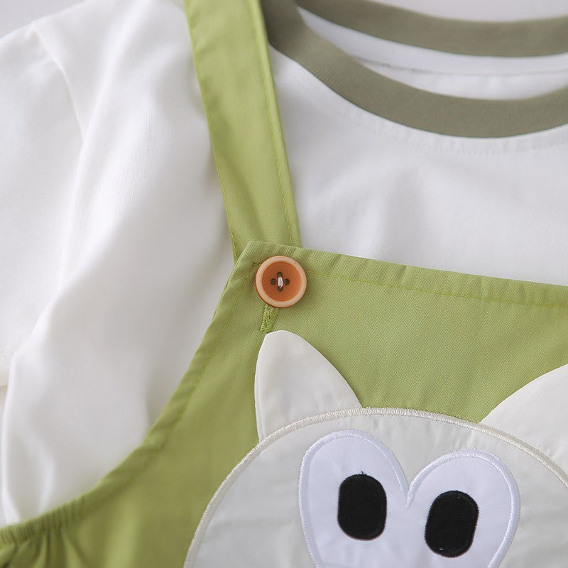 Kids White T-Shirt & Green Cat Overall Set | Cute Cartoon Outfit for Boys & Girls