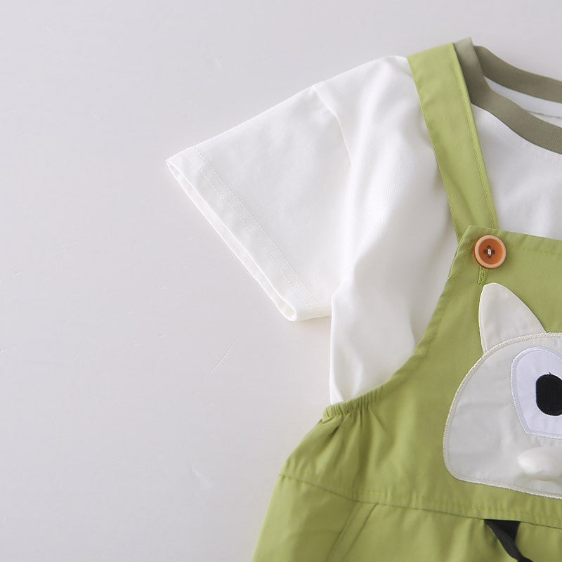 Kids White T-Shirt & Green Cat Overall Set | Cute Cartoon Outfit for Boys & Girls