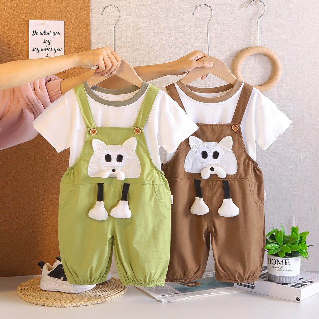 Kids White T-Shirt & Green Cat Overall Set | Cute Cartoon Outfit for Boys & Girls