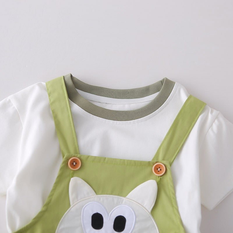 Kids White T-Shirt & Green Cat Overall Set | Cute Cartoon Outfit for Boys & Girls
