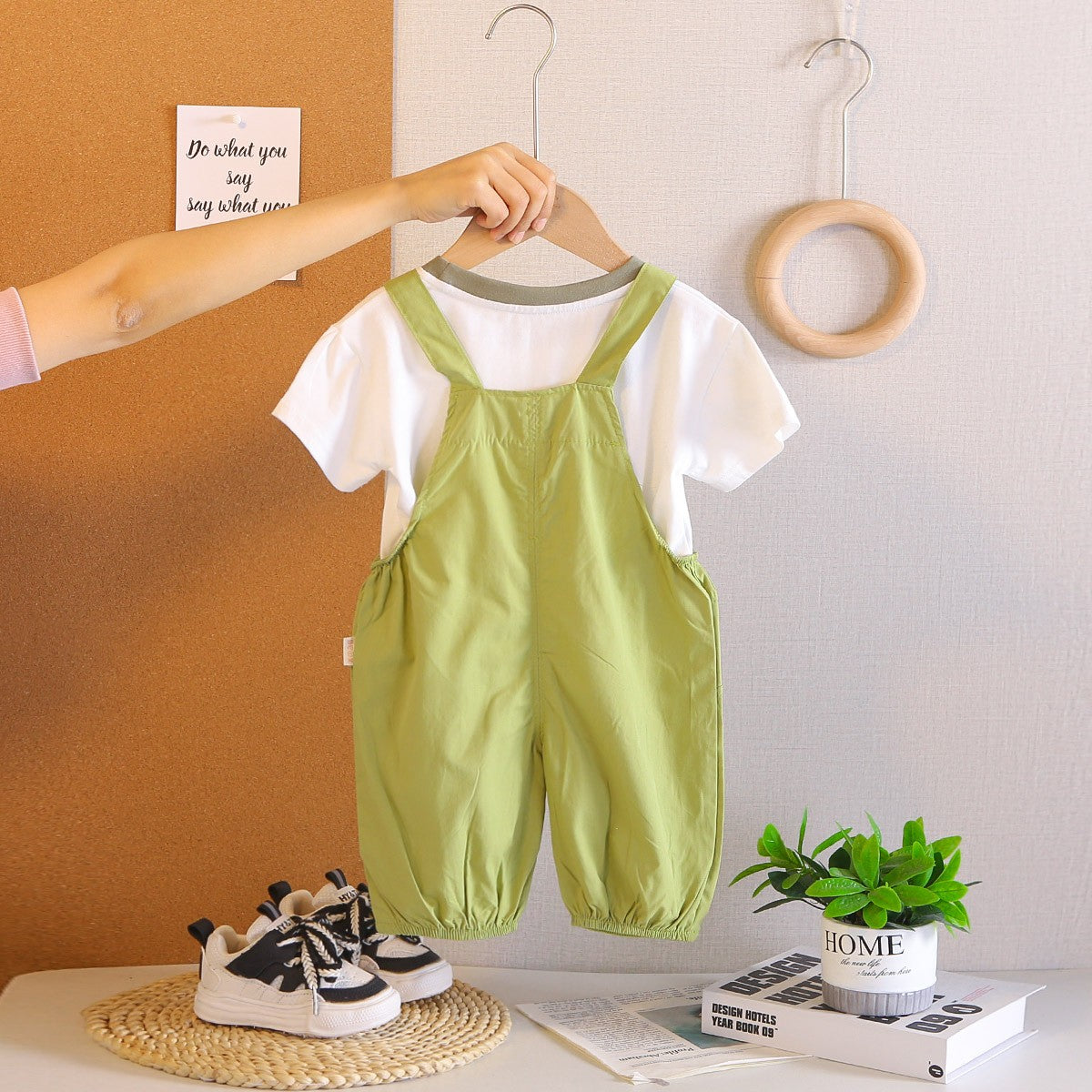 Kids White T-Shirt & Green Cat Overall Set | Cute Cartoon Outfit for Boys & Girls