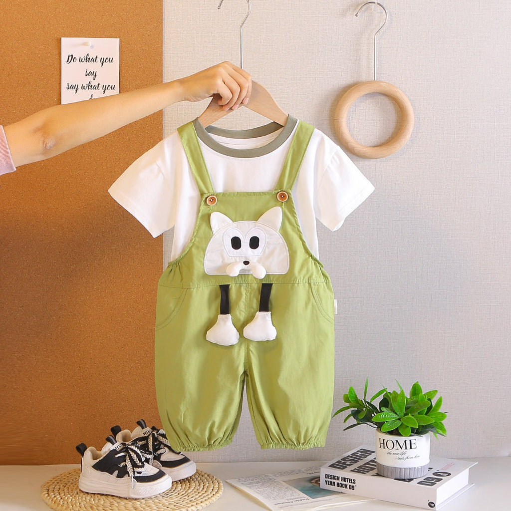 Kids White T-Shirt & Green Cat Overall Set | Cute Cartoon Outfit for Boys & Girls