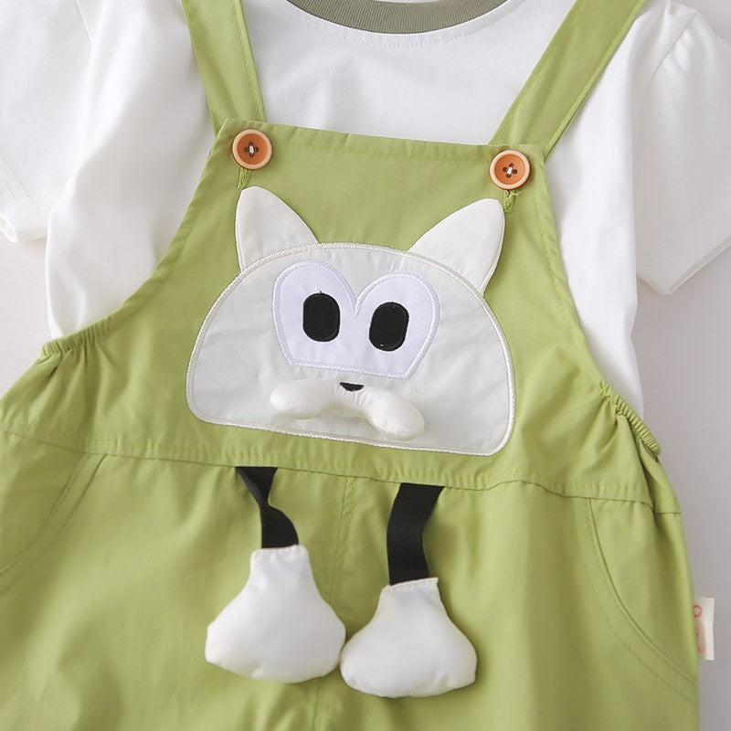 Kids White T-Shirt & Green Cat Overall Set | Cute Cartoon Outfit for Boys & Girls