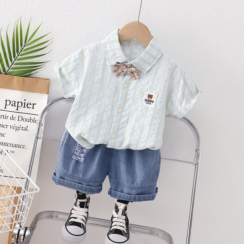 Kids Boys Striped Shirt & Denim Shorts Set with Bow Tie - Stylish 2-Piece Clothing Set