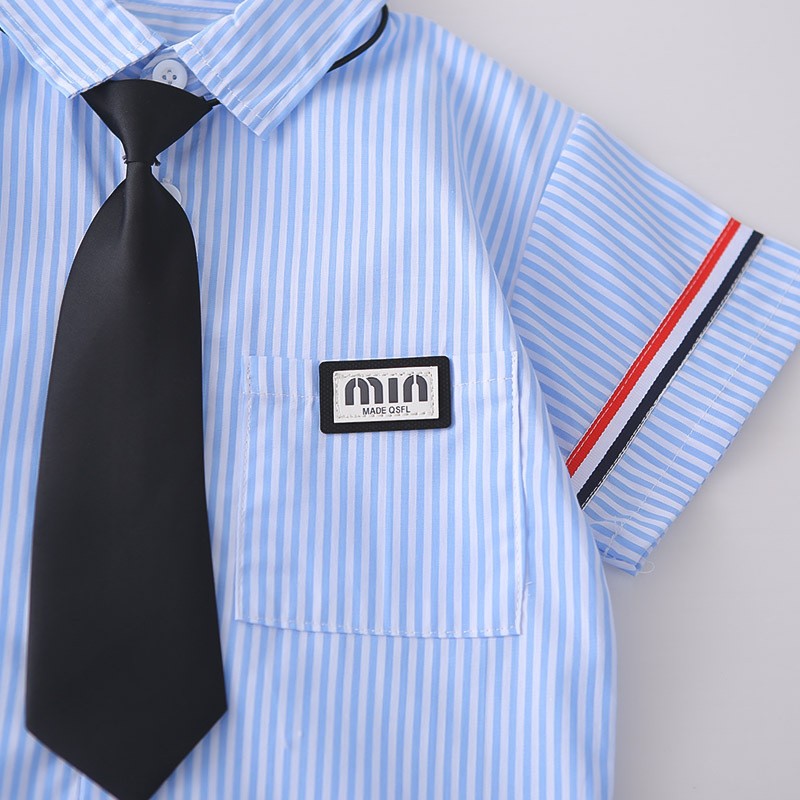 Kids Blue Striped Shirt & Blue Denim Shorts Set | Cute Tie Detail Outfit for Boys