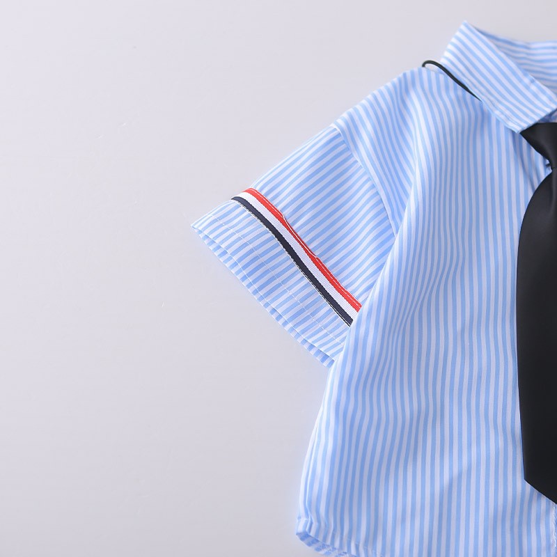 Kids Blue Striped Shirt & Blue Denim Shorts Set | Cute Tie Detail Outfit for Boys