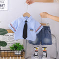 Kids Blue Striped Shirt & Blue Denim Shorts Set | Cute Tie Detail Outfit for Boys
