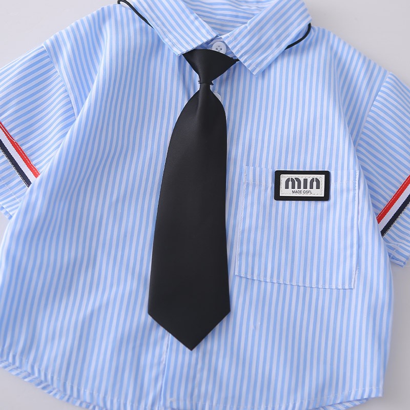 Kids Blue Striped Shirt & Blue Denim Shorts Set | Cute Tie Detail Outfit for Boys
