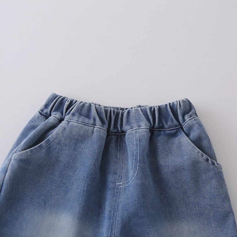 Kids Blue Striped Shirt & Blue Denim Shorts Set | Cute Tie Detail Outfit for Boys