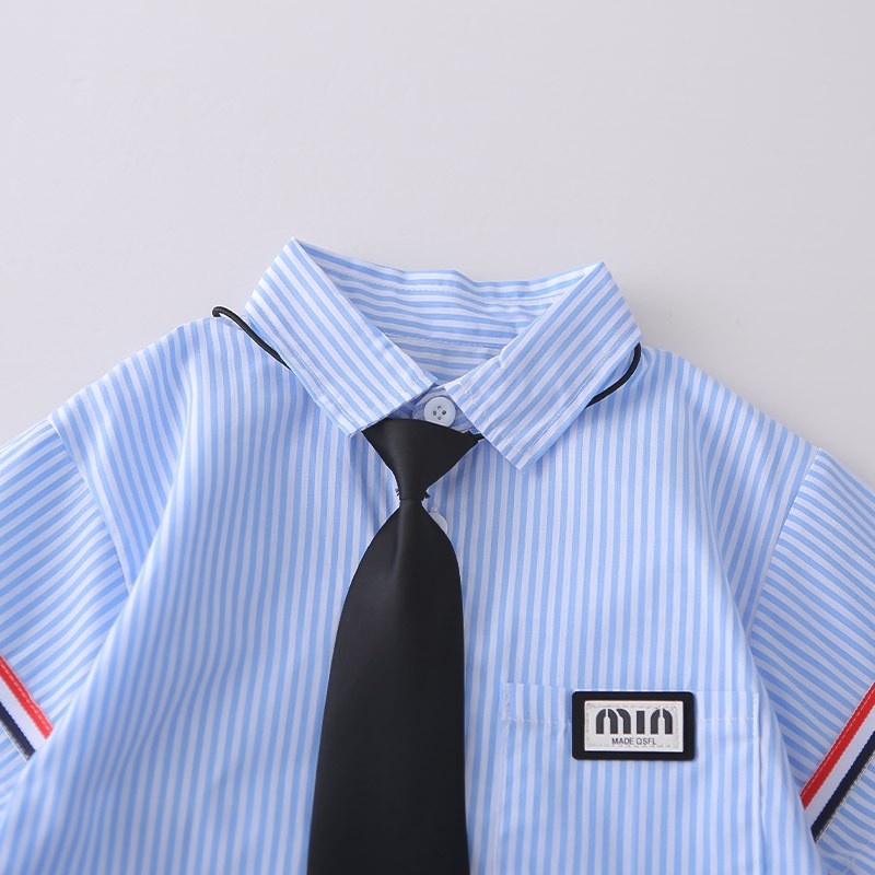 Kids Blue Striped Shirt & Blue Denim Shorts Set | Cute Tie Detail Outfit for Boys