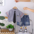 Kids Boys Striped Shirt & Denim Shorts Set with Tie - Stylish 2-Piece Clothing Set