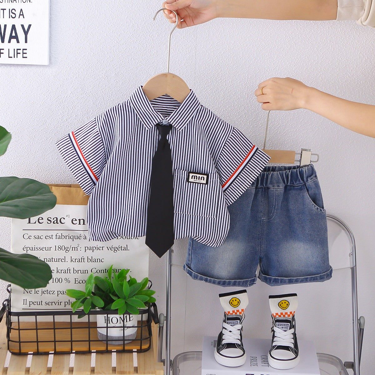 Kids Boys Striped Shirt & Denim Shorts Set with Tie - Stylish 2-Piece Clothing Set