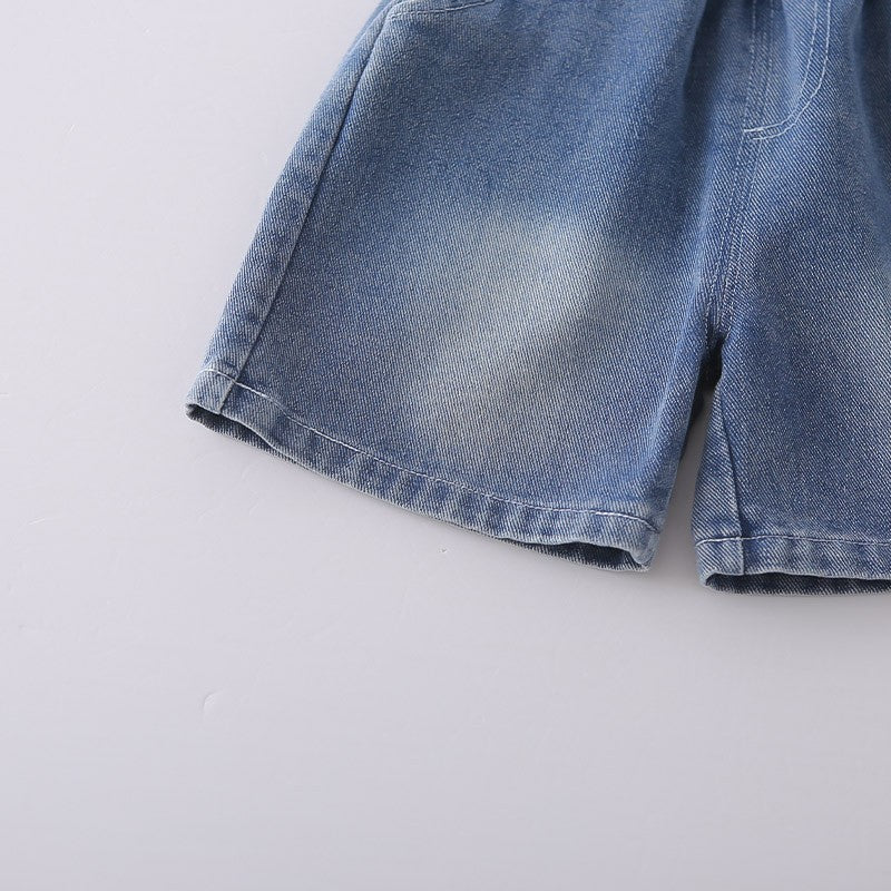 Kids Blue Striped Shirt & Blue Denim Shorts Set | Cute Tie Detail Outfit for Boys