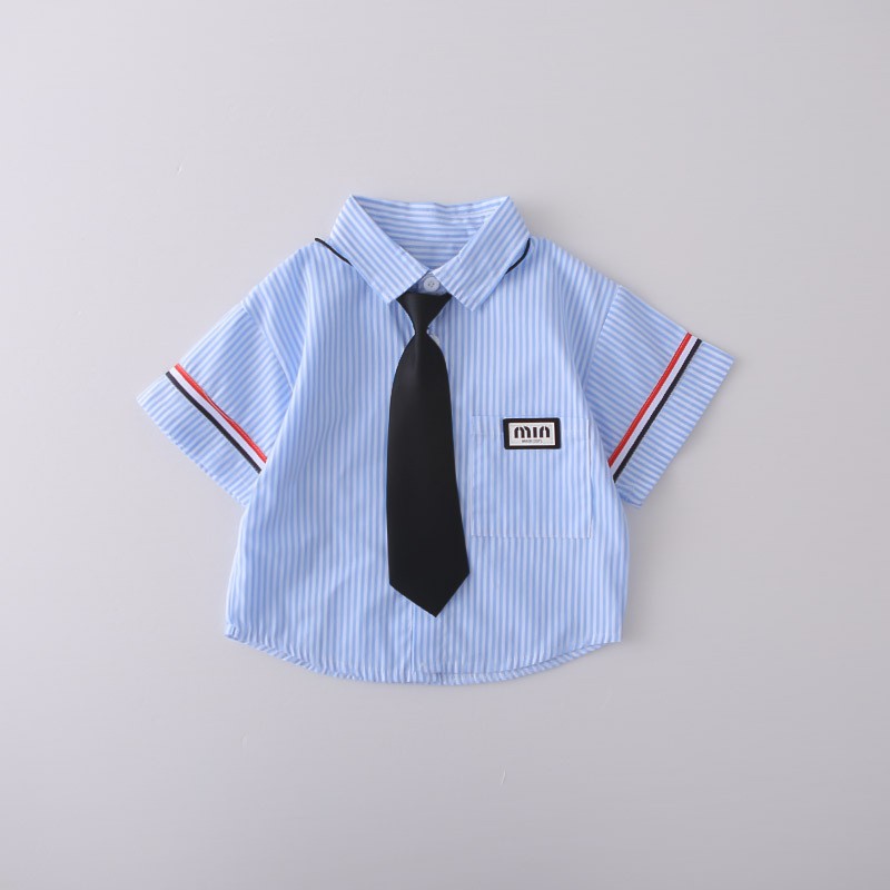 Kids Blue Striped Shirt & Blue Denim Shorts Set | Cute Tie Detail Outfit for Boys
