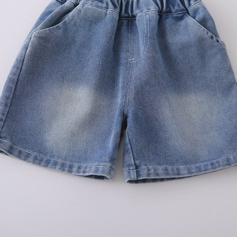 Kids Blue Striped Shirt & Blue Denim Shorts Set | Cute Tie Detail Outfit for Boys