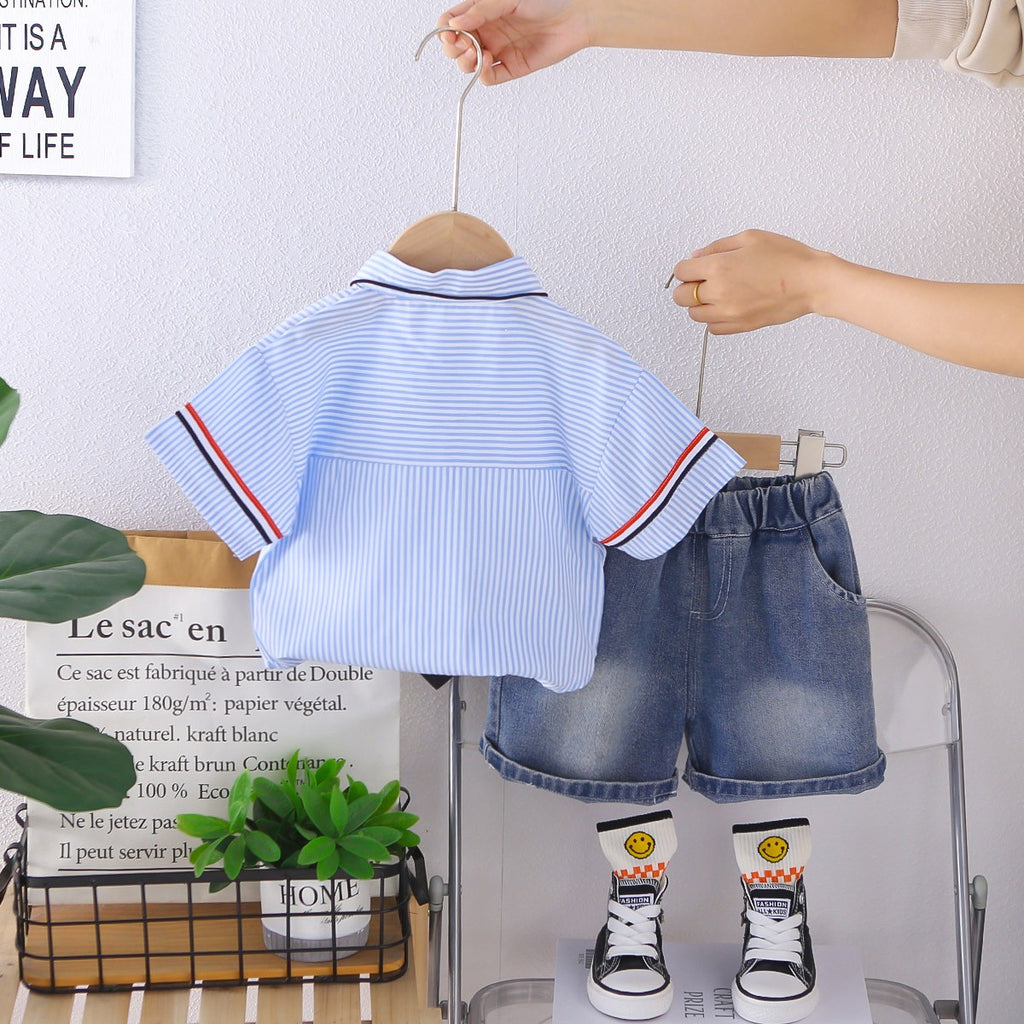 Kids Blue Striped Shirt & Blue Denim Shorts Set | Cute Tie Detail Outfit for Boys