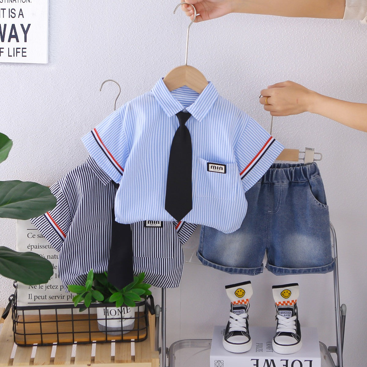 Kids Blue Striped Shirt & Blue Denim Shorts Set | Cute Tie Detail Outfit for Boys