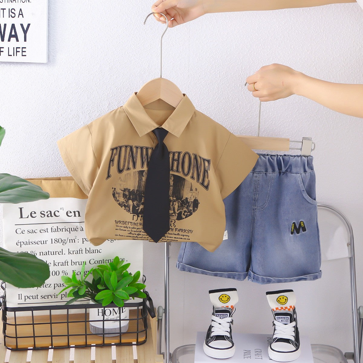 Kids Boys Shirt & Denim Shorts Set | Casual Summer Outfit with Tie | Stylish 2-Piece Clothing Set