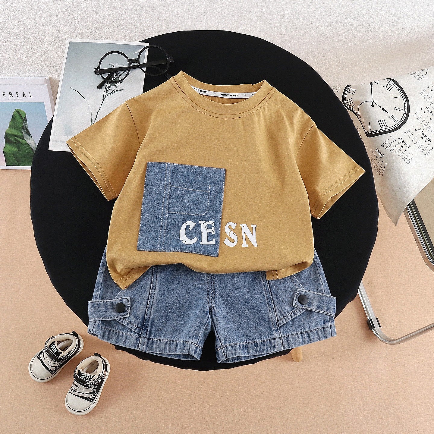 Kids' Mustard T-Shirt & Denim Shorts Set – Casual Pocket Print Summer Outfit