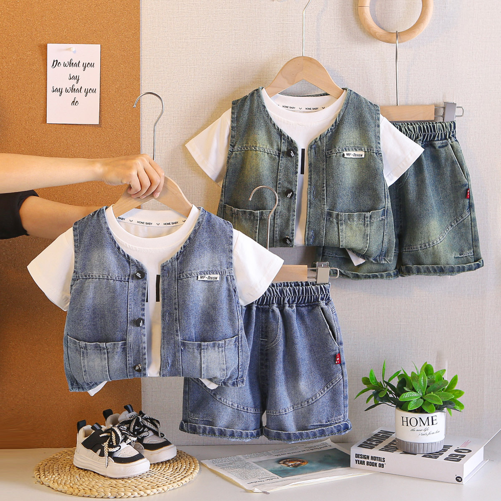 Kids White T-Shirt & Blue Denim Vest Shorts Set | Cute Casual Outfit for Boys